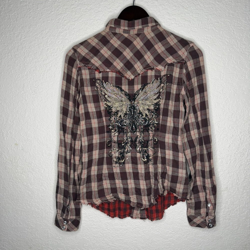 Miss Me Pearl Snap Button Up Plaid Butterfly Embellished Western Shirt Small NWT